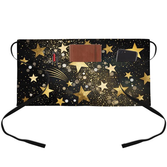 Yellow Golden Stars Waitress Apron with 3 Pockets, Black Shining Sparks Star Starry Sky Server Aprons Waterproof Kitchen Restaurant Half Waist Apron for Men Women