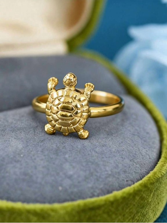 Yellow Goldtone Adjustable Sea Turtle Open Ring, Ocean Theme Jewelry For Women