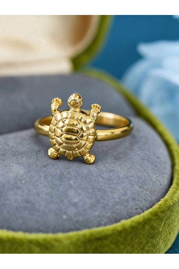 Yellow Goldtone Adjustable Sea Turtle Open Ring, Ocean Theme Jewelry For Women