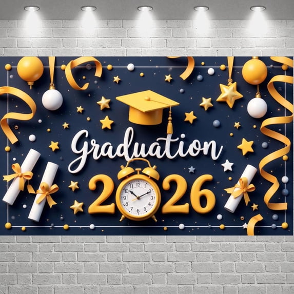 Yellow Grad Cap Graduation Banner Gold Stars 2026 Graduation Display Ribbons Diploma Scroll Graduation Backdrop for Graduation Ceremony College Graduation Graduation Photo Shoot