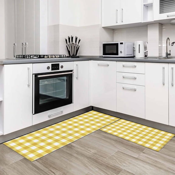 Yellow Gradient 2 Pieces Non-Slip Kitchen Mat Set Farm Plaid Buffalo Checkered Gingham Soft Door Mat with Rubber Backing,Dirtproof Rugs for Entrance Doorway 20x24in+20x48in