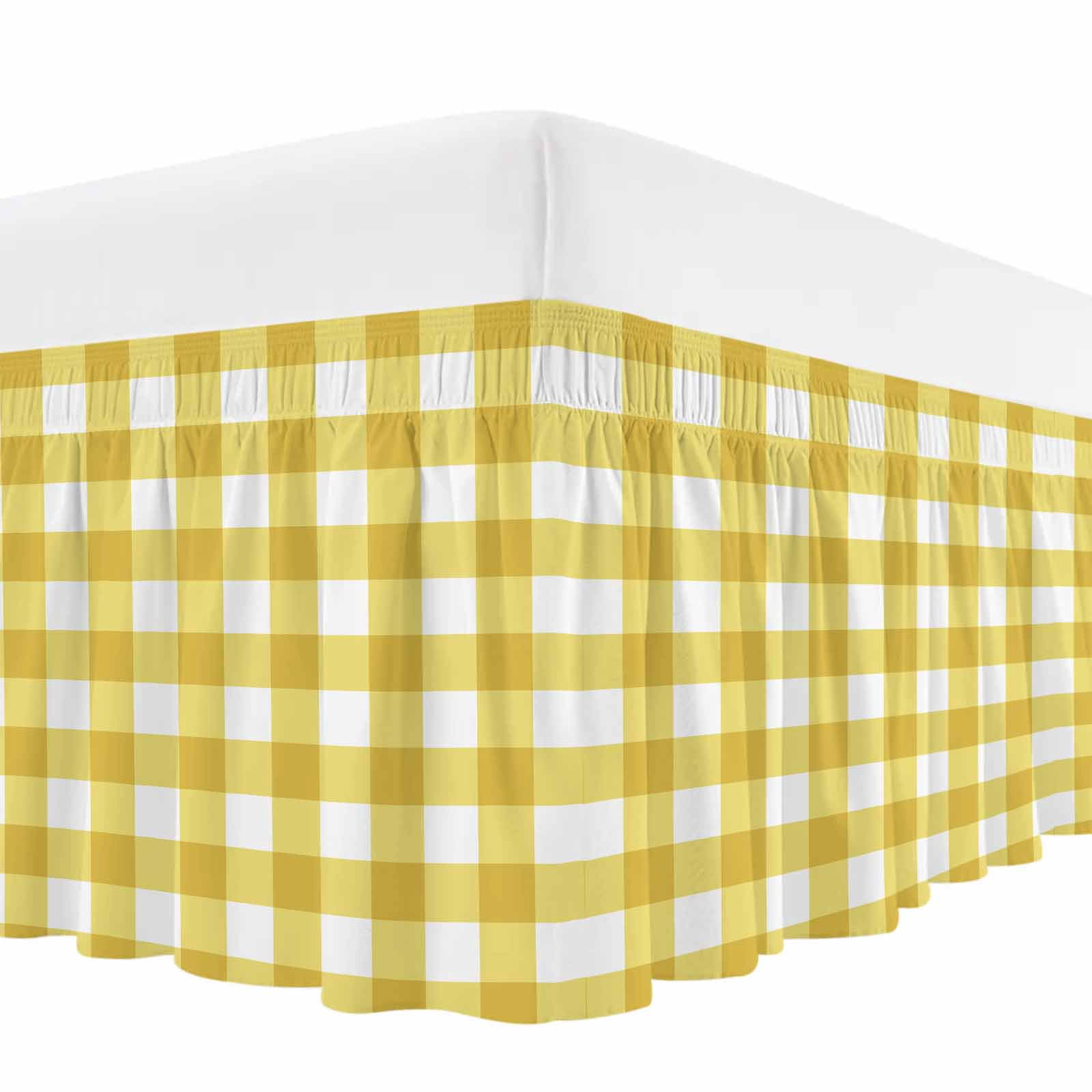 Yellow Gradient Bed Skirt Queen Size, Farm Plaid Buffalo Checkered Gingham Wrap Around Bed Skirting with Adjustable Elastic Strap, Dust Ruffle Pleated Bedskirts 16 Inch Drop for Bedroom Queen Beds