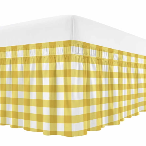 Yellow Gradient Bed Skirt Queen Size, Farm Plaid Buffalo Checkered Gingham Wrap Around Bed Skirting with Adjustable Elastic Strap, Dust Ruffle Pleated Bedskirts 16 Inch Drop for Bedroom Queen Beds