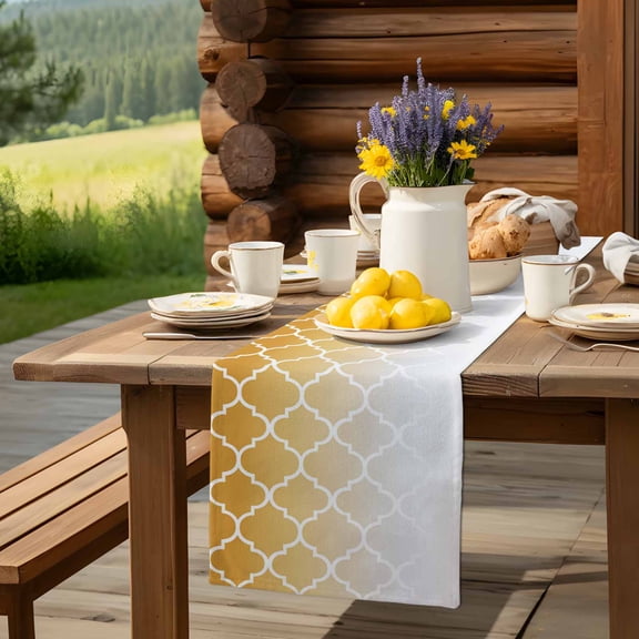 Yellow Gradient Moroccan Pattern Table Runner 13x90in Non-Slip Cotton Linen Table Runners, White Stripes Buffalo Check Dresser Scarves TableRunner for Dinner Kitchen Dining Wedding Party
