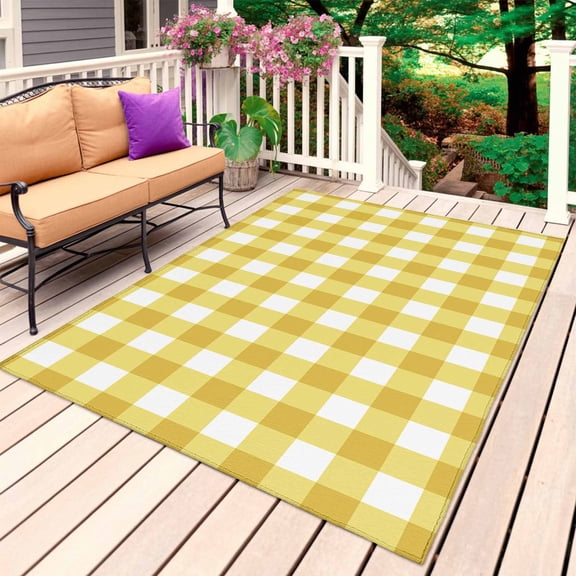 Yellow Gradient Outdoor Rug 6x9 Ft, Non Slip Washable Area Rug, Farm Plaid Buffalo Checkered Gingham Patio Rugs Carpet Runner, Large Floor Mat for Indoor/Outdoor Deck Porch Camping