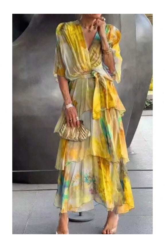 Yellow Gradient Print Layered Wrap Maxi Dress With V-Neck And Ruffle Hem