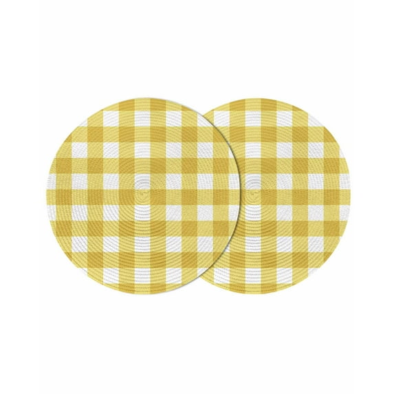 Yellow Gradient Round Placemats Set of 2 for Dinning Tables,Heat-proof Braided Table Mats 13 Inch,Farm Plaid Buffalo Checkered Gingham Washable Place Mat for Kitchen Restaurant Party Table Decor