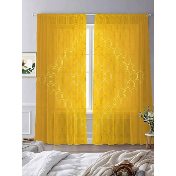 Yellow Gradient Sheer Curtains 108 inches Long 2 Panels Set Simple Line Modern Abstract Tiers Sheers Rod Pocket Small Window Short Curtains for Kitchen Cafe, Each 52" W x 108" L