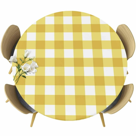 Yellow Gradient Table Cloth, Round Fitted Tablecloths with Elastic Edge, Farm Plaid Buffalo Checkered Gingham Wipeable Waterproof Table Cover for Kitchen Wedding 55-60 Inches