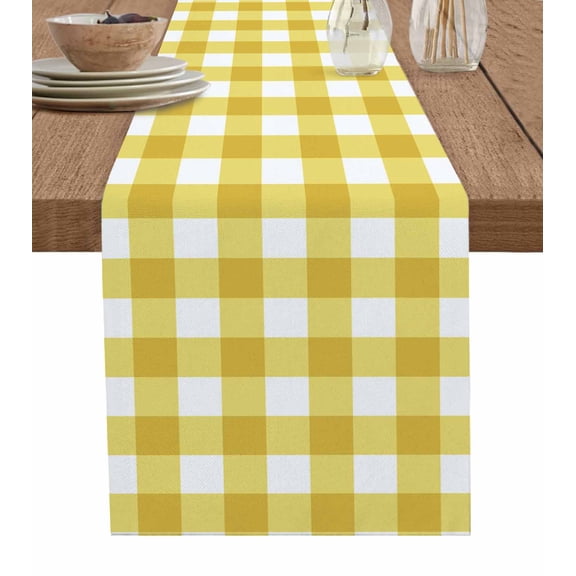 Yellow Gradient Table Runner Cotton Linen 120 Inch Holiday Dresser Scarves, Farm Plaid Buffalo Checkered Gingham Tablerunner for Kitchen Coffee Dining Bedroom Dinner Scarf Décor 13''x120''