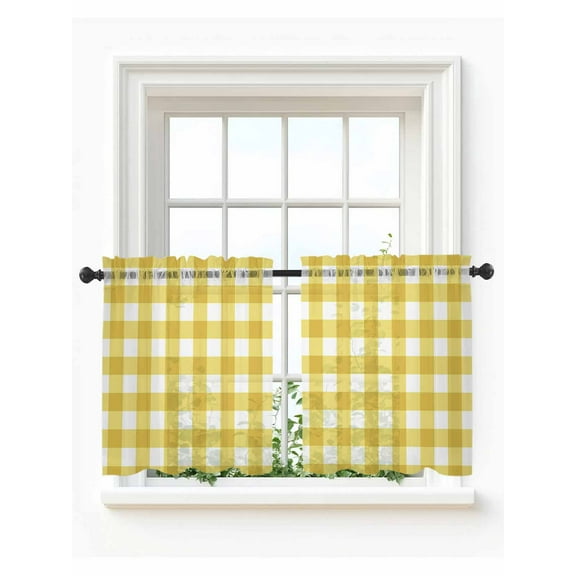 Yellow Gradient Tier Curtains 24 Inch Length,Sheer Curtains for Bedroom Living Room,Farm Plaid Buffalo Checkered Gingham Rod Pocket Voile Drapes Kitchen Curtains Small Half Window 27.5"x24" 2 Panels