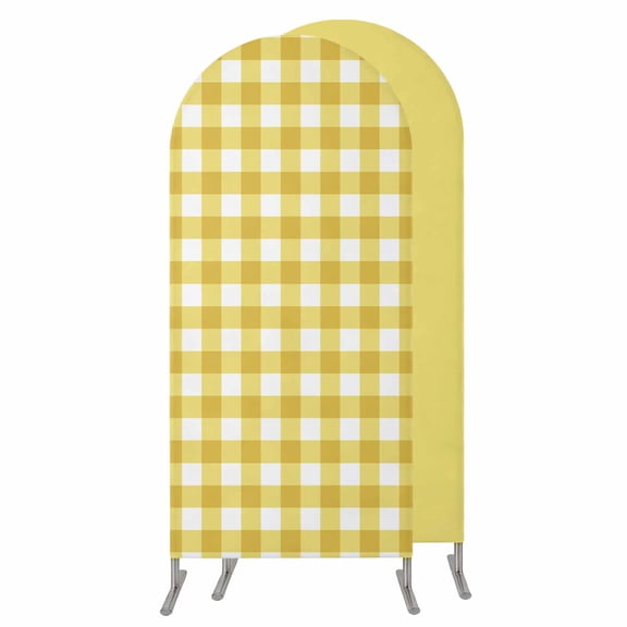 Yellow Gradient Wedding Arch Cover,Stretchy Spandex Arch Backdrop Stand Covers 4 FT,Farm Plaid Buffalo Checkered Gingham Round Top Arched Backdrop Cover for Birthday Party Ceremony Baby Shower Event