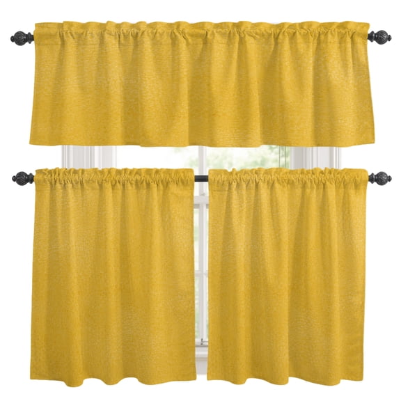 Yellow Grain Texture Kitchen Curtains Valances 3 Piece Set, Vintage Industrial Marigold Solid Color Rod Pocket Tier Curtain and Valance Drapes for Small Window 36 Inch Length for Bedroom Cafe
