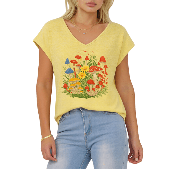 Yellow Graphic Tees S-5XL V Neck Cottagecore Mushroom Print Tshirt Tops