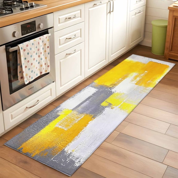 Yellow Gray 2x6 Runner Rug for Hallway Walkway Kitchen Galley, Geometric Graffiti Oil Paint Color Block Modern Low Pile Washable Non Slip Long Area Rug