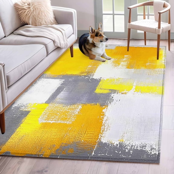 Yellow Gray 4x6 Area Rugs for Living Room, Geometric Graffiti Oil Paint Color Block Modern Non Slip Floor Mat Washable Low-Profile Indoor Carpet for Bedroom, Dining Room, Bathroom