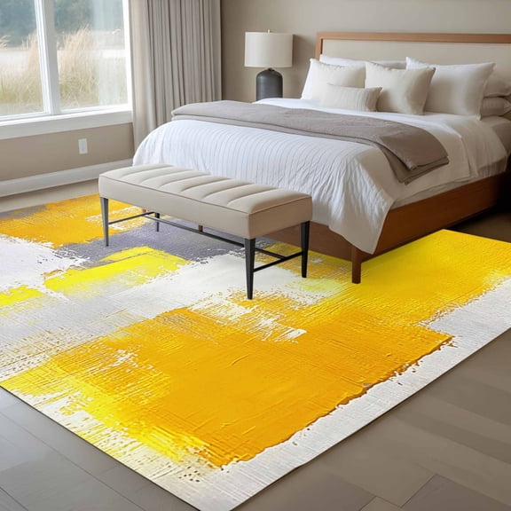 Yellow Gray 6x9 Rug for Dining Room Table and Chair Setup, Geometric Graffiti Oil Paint Color Block Modern Low Pile Washable Non Slip Rectangle Area Rug