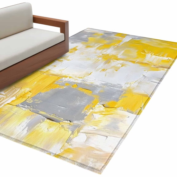 Yellow Gray Abstract Area&nbsp;Rug 4x6ft Graffiti Brush Non-Slip&nbsp;Washable Square&nbsp;Rugs Soft Felt Indoor Floor Mat for Bedroom Kitchen Living Room Bathroom