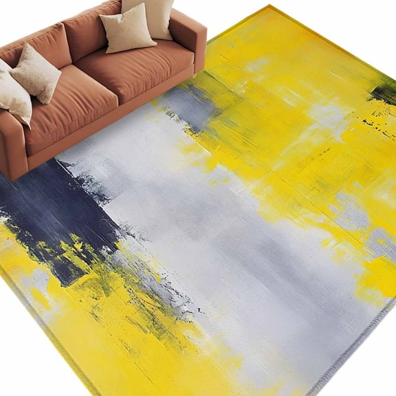 Yellow Gray Abstract Area&nbsp;Rug 6x9ft Modern Graffiti Brush Non-Slip&nbsp;Washable Square&nbsp;Rugs Soft Felt Indoor Floor Mat for Bedroom Kitchen Living Room Bathroom