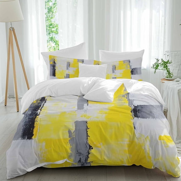 Yellow Gray Abstract Duvet Cover Set King Size, Street Art 4 Piece Soft Microfiber Bedding Set with 1 Duvet Cover, 1 Flat Sheet, 2 Pillowcases