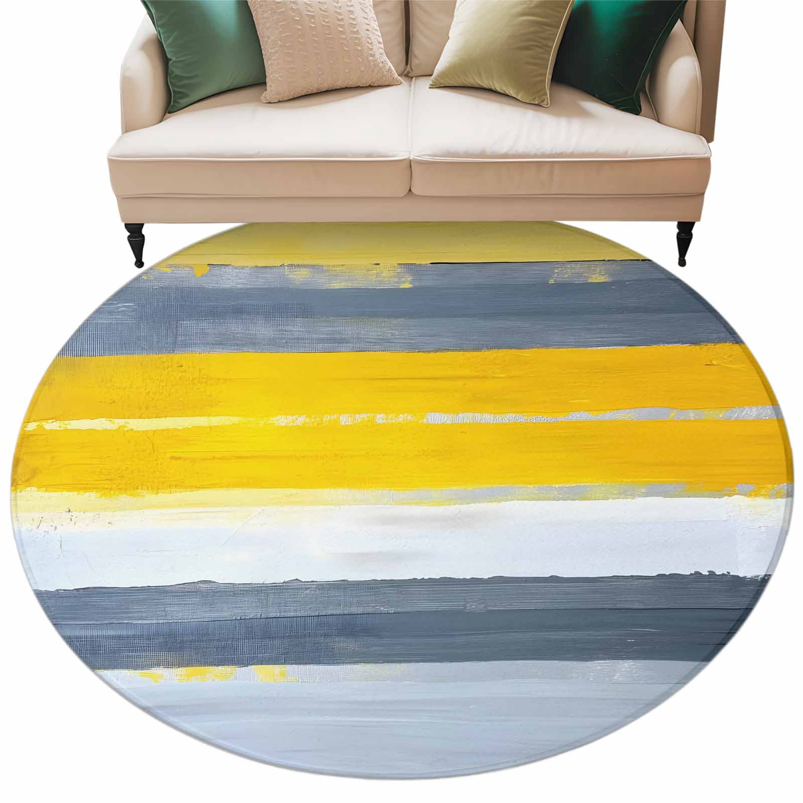 Yellow Circe Rug Yellow Gray Abstract Round Area Rug 6ft Strip Geometric Non-Slip ...
