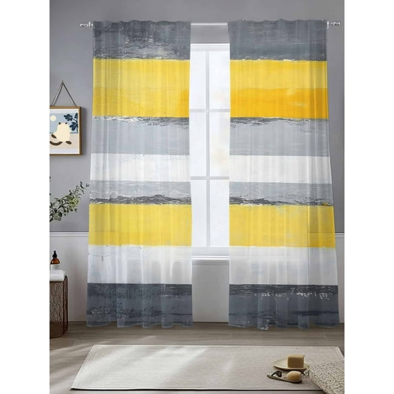 Yellow Gray Abstract Sheer Curtains 96 Inches Long 2 Panels Geometric Strip Light Filtering Semi Sheer Window Curtains Drapes for Bedroom Living Room 52"x96"