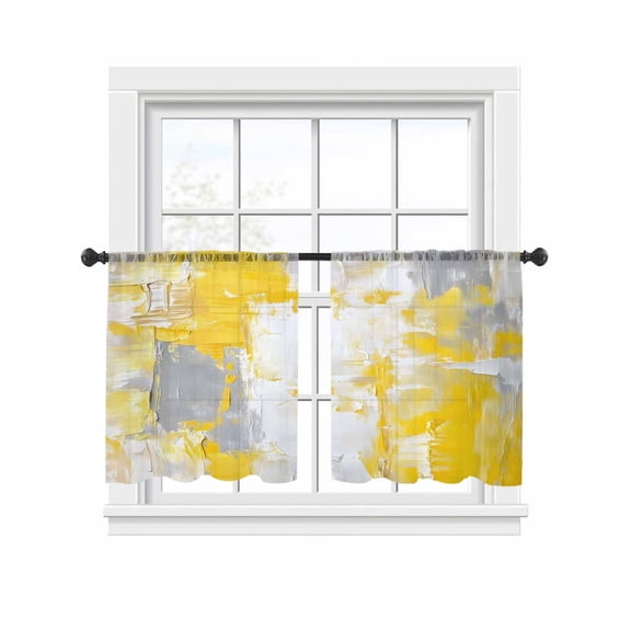 Yellow Gray Abstract Sheer Curtains for Living Room Bedroom, Light-filtering Sheer Curtain, Graffiti Brush LigRod Pocket Voile Window Treatment Drapes, 52’’Wx54’’L, 2 Panels Set