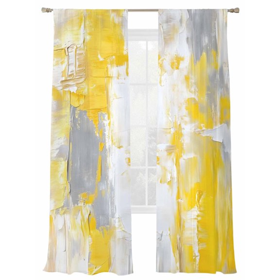 Yellow Gray Abstract Sheer Curtains for Living Room Bedroom, Light-filtering Sheer Curtain, Graffiti Brush Rod Pocket Voile Window Treatment Drapes, 52’’Wx96’’L, 2 Panels Set