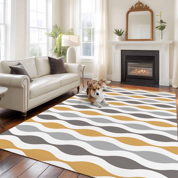 Yellow Gray Area Rugs 5x7 ft Medieval Print Waves Geometric Washable Rug Non Slip Indoor Carpet Absorbent Floor Mat for Living Room Bedroom Dining Room
