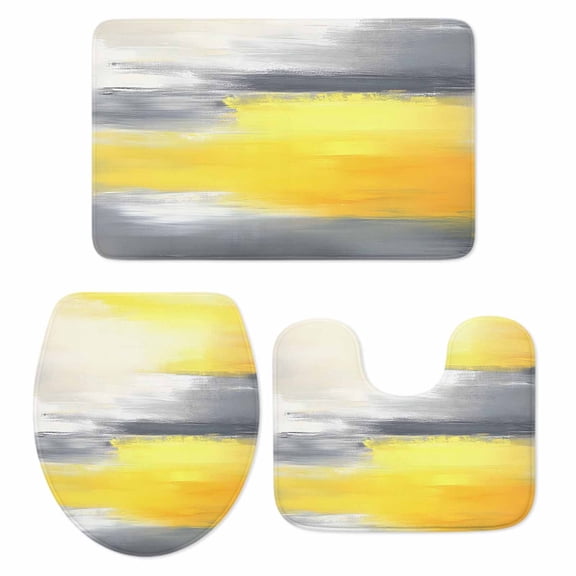 Yellow Gray Bath Mat 3 Piece Bathroom Rug Set, Contemporary Abstract Oil Painted Art Non Slip Bath Rug Contour Mat and Toilet Lid Cover, Absorbent Shower Mats Soft Bath Rugs and Mats Sets