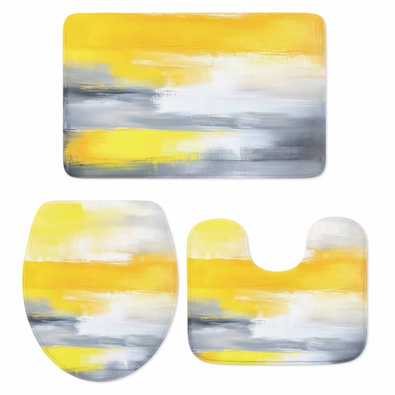 Yellow Gray Bath Mat 3 Piece Bathroom Rug Set, Contemporary Oil Painted Abstract Modern Non Slip Bath Rug Contour Mat and Toilet Lid Cover, Absorbent Shower Mats Soft Bath Rugs and Mats Sets
