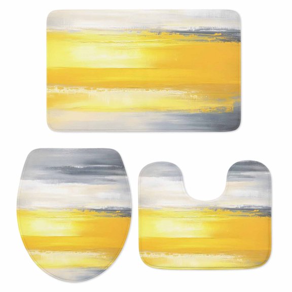 Yellow Gray Bath Mat 3 Piece Bathroom Rug Set, Modern Abstract Oil Painted Art Non Slip Bath Rug Contour Mat and Toilet Lid Cover, Absorbent Shower Mats Soft Bath Rugs and Mats Sets
