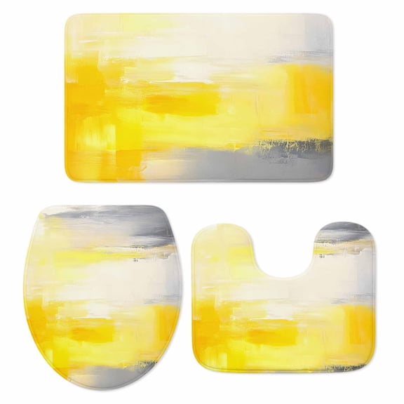 Yellow Gray Bath Mat 3 Piece Bathroom Rug Set, White Modern Oil Painted Abstract Non Slip Bath Rug Contour Mat and Toilet Lid Cover, Absorbent Shower Mats Soft Bath Rugs and Mats Sets