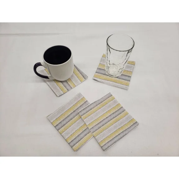 Yellow Gray Beige Stripes Cloth Coasters (Set Of 4)
