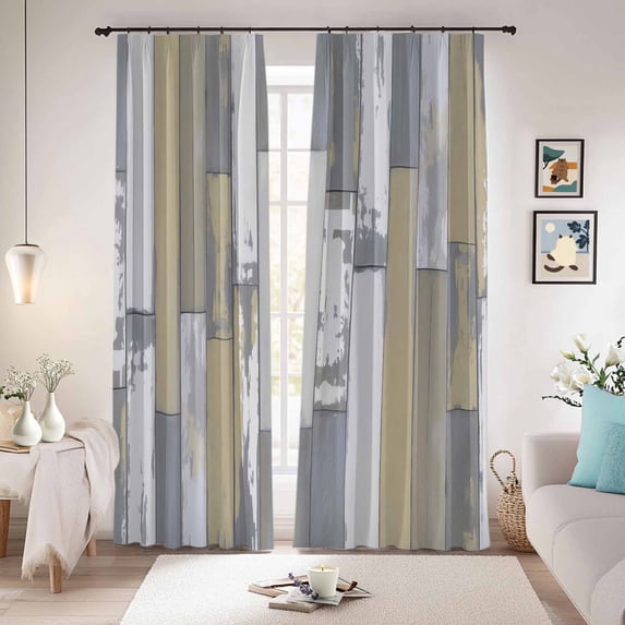 Yellow Gray Blackout Curtains for Bedroom/Living Room, Pinch Pleated Black Out Curtains, Rustic Vintage Shabby Mottled Wood Grain Room Darkening Window Drapes with Hooks 2 Panels, 59"x70"