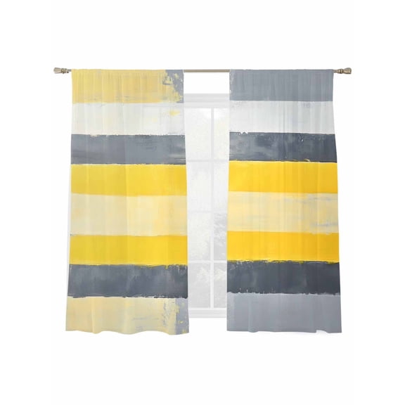 Yellow Gray Brush Sheer Curtains for Living Room Bedroom, Light-filtering Sheer Curtain, Strip Geometric Rod Pocket Voile Window Treatment Drapes, 52’’Wx72’’L, 2 Panels Set