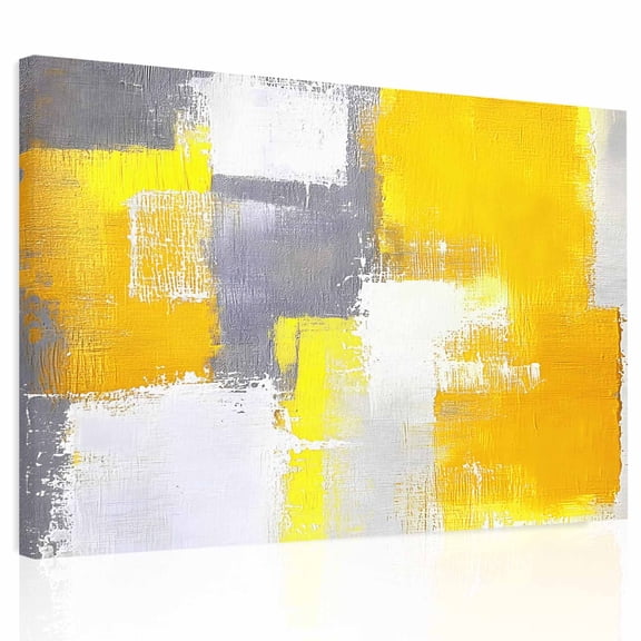 Yellow Gray Canvas Print Wall Art, Geometric Graffiti Oil Paint Color Block Modern Wall Decor Modern Artwork Paintings Pictures for Living Room Framed and Stretched Ready to Hang, 12" x 16"