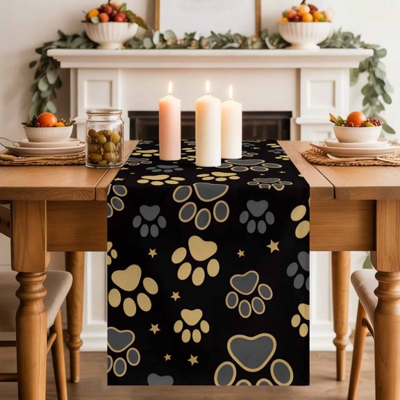 Yellow Gray Cat Paw Cute Table Runner 70 Inches Long,Kitchen Dining Tablerunners Abstract Animal Footprint Linen Table Runners Dresser Scarves for Home Dinner Wedding Holiday Party Decor