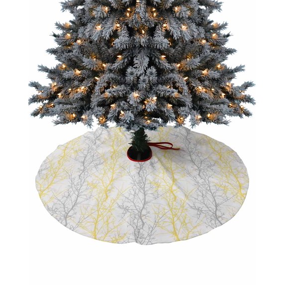 Yellow Gray Christmas Tree Skirt 36 Inches Large Christmas Skirt Tree, Pastoral Botanical Branch Aesthetics Tree Skirt Christmas Decorations for Fireplace Party Holidays Indoor Outdoor