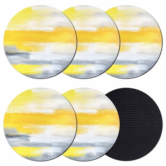 Yellow Gray Coasters Set of 6, Contemporary Oil Painted Abstract Modern Absorbent Coasters for Drinks, Coaster for Bar Office Dining Coffee Table Accessories Decor, Non Slip Round Desk Coaster