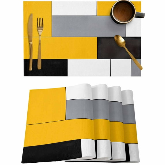 Yellow Gray Color Block Patchwork Placemats Set of 4,Wipeable Washable Table Mats for Dining Tables,Geometric Minimalist Art Place Mats for Kitchen Event Party Tabletop Decor