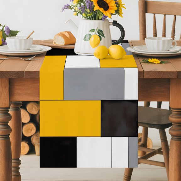 Yellow Gray Color Block Patchwork Table Runner 72 Inches Long, Geometric Minimalist Art Table Runners Tabletop Scarf Kitchen Dining Tables Decoration for Home Party Indoor Outdoor