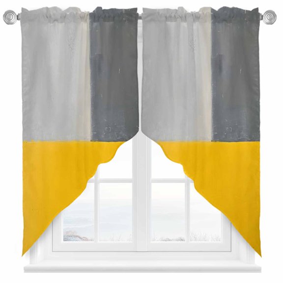 Yellow Gray Color Block Swag Curtain Valance for Windows, Abstract Retro Window Treatments Short Swag Topper for Kitchen Windows Bathroom Bedroom, 28"x36"