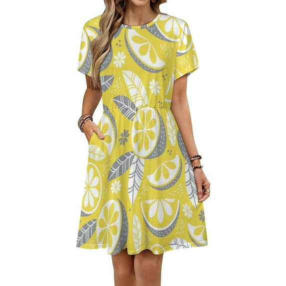 Yellow Gray Color Citrus Fruits, Leaves And Branches Dress Fashion Beach Short Sleeve Dresses Female Party Printed Sundress