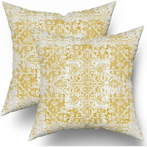 Yellow Gray Ethnic Boho Throw Pillow Covers 18X18 Inch Set of 2 Bohemian Carpet Vintage Pillow Cases Grey Floral Pillow Cover Farmhouse Home Decor for Sofa Couch Porch Outdoor