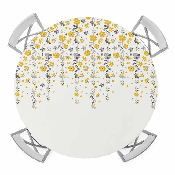 Yellow Gray Floral Elastic Fitted Round Table Cover Spring Flowers Waterproof Outdoor Tablecloth for Holiday Party, Picnic, Patio & Dining Fits Tables Up to 36"-44"