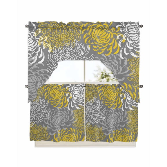 Yellow Gray Floral Kitchen Curtains Swag Valance and Tier Curtains Set 24 Inch Length, Farmhouse Retro Abstract Flowers Art Rod Pocket Drape Panels Pair Swag Curtains for Bathroom/Cafe/Window