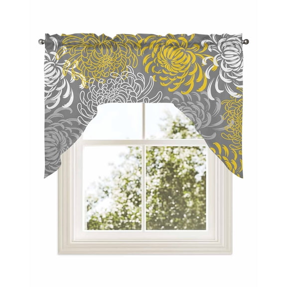 Yellow Gray Floral Kitchen Curtains Swag Valance for Windows/Bathroom/Cafe, Farmhouse Retro Abstract Flowers Art Rod Pocket Drape Panel Swag Curtains Valance for Bedroom/Living Room 56"x36"