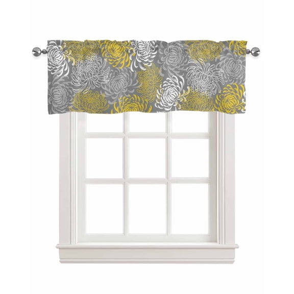 Yellow Gray Floral Kitchen Valances for Windows Farmhouse Linen Window Valance Curtain for Living Room Window Treatment Farmhouse Retro Abstract Flowers Art Valance Rod Pocket Topper, 42 x 12 Inch