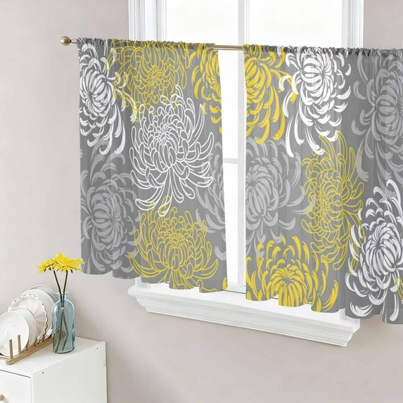 Yellow Gray Floral Semi Sheer Window Curtains 54 Inches Long, Farmhouse Retro Abstract Flowers Art Rod Pocket Voile Silky Chiffon Curtain Light Filtering Drapes for Living Room, 52"x54", 2 Panels